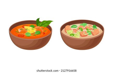 Appetizing Thai Cuisine Dish with Shrimp and Salmon Creamy Soup in Bowl Vector Set