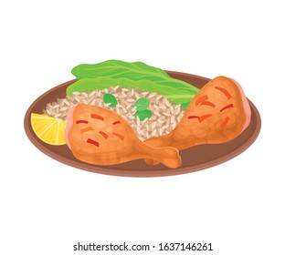 Appetizing Thai Food of Rice with Fried Chicken Legs and Greenery Served on Ceramic Plate Side View Vector Illustration