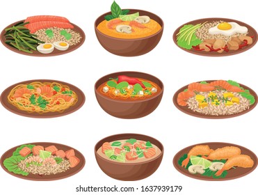 Appetizing Thai Food Served on Ceramic Plates Side View Vector Illustration