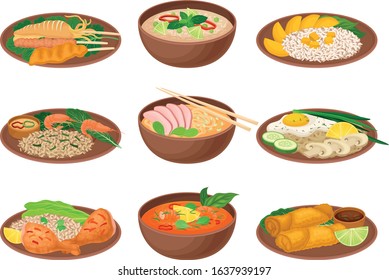 Appetizing Thai Food Served on Ceramic Plates Side View Vector Illustration