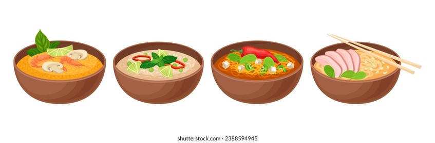 Appetizing Thai Food Served on Plates Vector Set