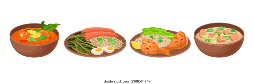 Appetizing Thai Food Served on Plates Vector Set