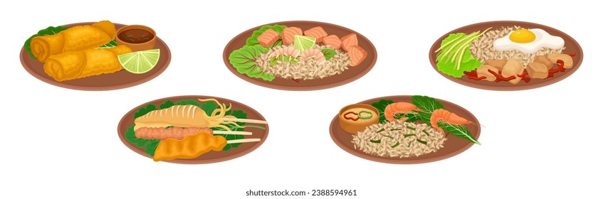 Appetizing Thai Food Served on Plates Vector Set