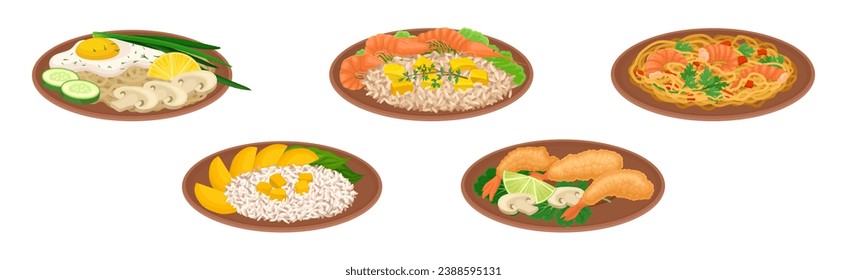 Appetitanregendes thailändisches Essen, serviert auf Platen Vektor Set