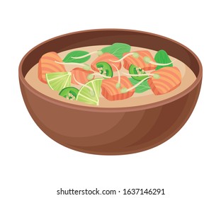 Appetizing Thai Thick Soup with Salmon Slabs and Greenery Served in Ceramic Bowl Side View Vector Illustration