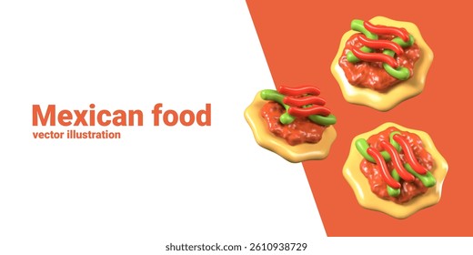 Appetizing tostada in different positions. Bright Mexican dish on white background
