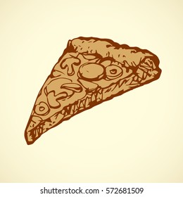 Appetizing traditional cheesy flatbread isolated on white background. Outline ink hand drawn picture sketch in retro doodle graphic style pencil on paper. Top view