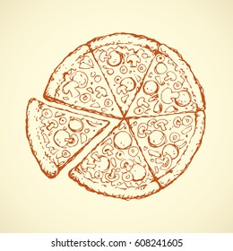 Appetizing traditional crust cheesy flatbread isolated on white background. Outline ink hand drawn picture sketchy in art retro doodle graphic style pen on paper with space for text. Top view