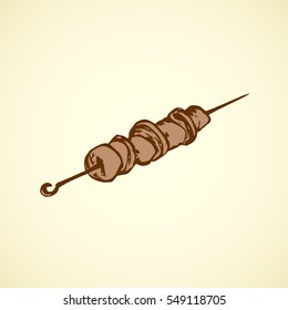 Appetizing traditional turkish culinary fried souvlaki yakitori isolated on white backdrop. Brown ink hand drawn picture sketch in vintage doodle graphic style