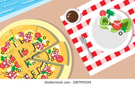 Appetizing Vector Bitcoin piece of pizza financial system. Luxurious life businessman with a blue pool, delicious food, coffee. Crypto currency hype vector illustration with blank space. Minimal