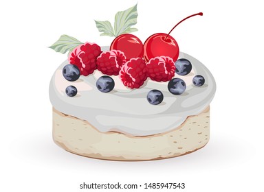 appetizing vector cake with blueberries, raspberries and cherries on a white background