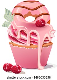appetizing vector cake with cream, berries and donut on a white background