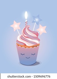 
appetizing vector holiday cupcake with a candle and stars on a blue background