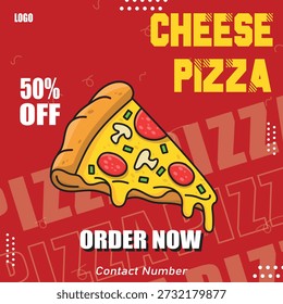 Appetizing vector illustration of a cheesy pizza slice with mushroom and pepperoni for a tempting promotional offer banner