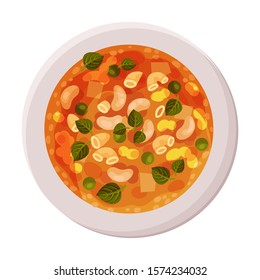 Appetizing Vegetable Minestrone Served on Plate Top Viewed Vector Illustration