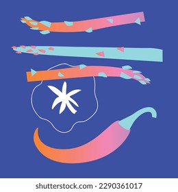 Appetizing vegetables collection. Decorative abstract horizontal banner with colorful doodles. Hand-drawn modern illustrations with fruit and berries, abstract elements. Abstract series