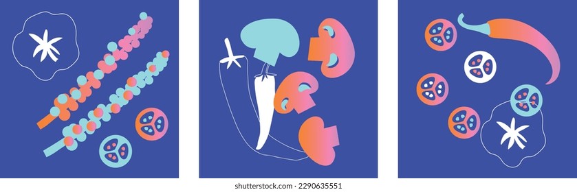 Appetizing vegetables collection. Decorative abstract horizontal banner with colorful doodles. Hand-drawn modern illustrations with fruit and berries, abstract elements. Abstract series