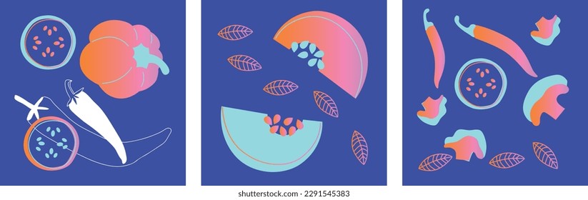 Apetitosa colección de verduras. Banner horizontal abstracto decorativo con doodles coloridos. Ilustraciones modernas hechas a mano con frutas y bayas, elementos abstractos. Serie abstracta