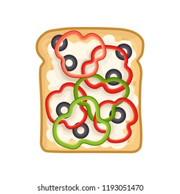 Appetizing vegetarian sandwich with pepper rings, olives and cream cheese. Tasty snack for lunch. Flat vector icon