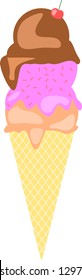 An appetizing waffle cone ice cream with three flavors and a cherry on top