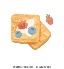 Appetizing waffles with blueberry, raspberry, strawberry and condensed milk. Food for breakfast. Flat vector with texture