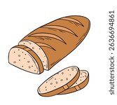 Appetizing whole baguette bread baked goods bakery. Fresh bread roll long with pieces slices. Outline food art pastry