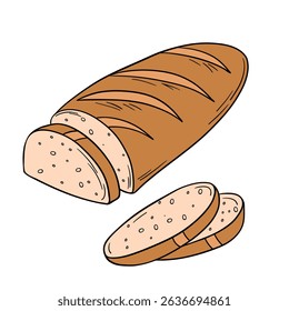 Appetizing whole baguette bread baked goods bakery. Fresh bread roll long with pieces slices. Outline food art pastry