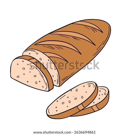 Appetizing whole baguette bread baked goods bakery. Fresh bread roll long with pieces slices. Outline food art pastry