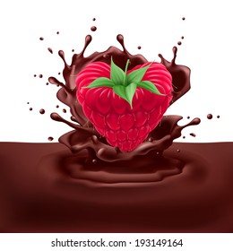 Appetizng raspberry heart dipping into chocolate with splashes