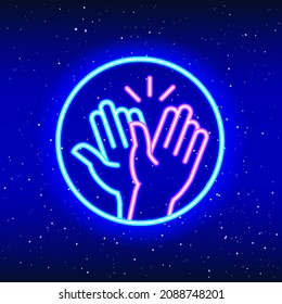Applaud and congratulate. Clap design in air with neon lights. Linear hand success-power design. Glowing neon handshake sign in space. Unique and realistic neon icon. Linear icon on blue background.