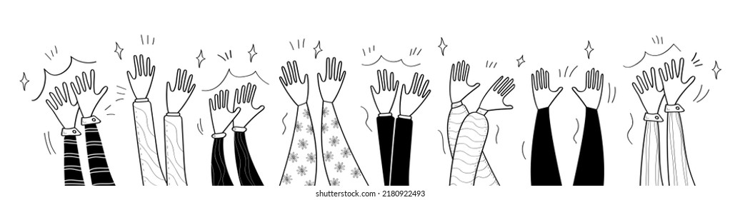 Applaud hands vector in doodle style. Hand drawn clapping human hands doodle set.  Greeting celebration or ovation.