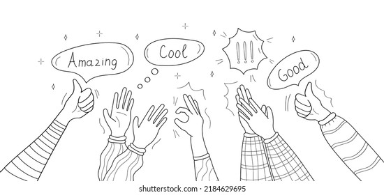 Applaud hands vector in doodle style. Hand drawn clapping human hands doodle set. Cool, OK sign. Thumb up hand gesture, good bubble, like giving. Greeting celebration or ovation.