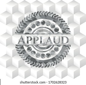 Applaud realistic grey emblem with geometric cube white background. 