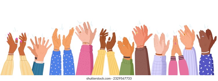 Applauding arms. Human clapping hands with different skin colours, man and woman arms cheering or greeting gesture, people diversity applause flat vector illustration set. Hands clapping