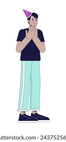 Applaudieren Mann auf Party 2D lineare Cartoon-Charakter. Geburtstagsferiengast mit Kegel Hut isolierte Linie Vektor Person weißer Hintergrund. Festliche Feier-Farbe flache Spot-Illustration