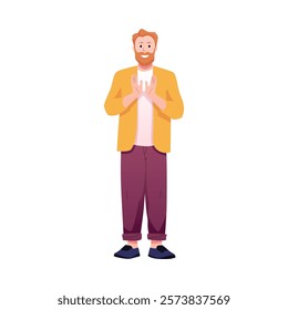 Applauding man, showing appreciation at event vector flat illustration. Cartoon happy bearded male character clapping hands. Congratulation and encouragement arm gesture. Bravo ovation body language