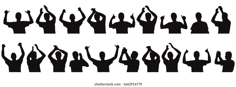 Applauding person, clapping palms, set of silhouettes of fan. Vector illustration.