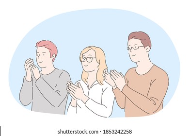 Applauding, support, congratulation concept. Three young positive people cartoon characters standing, looking aside and applauding with hands to partner or colleague. Applause, clapping, approval