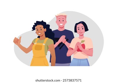 Applauding teenagers, showing appreciation and thumbs up vector flat illustration. Congratulation and encouragement clapping hands gesture. Cartoon bravo ovation, celebrate or approve good deal