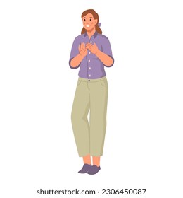 Applauding woman clapping hands. Happy girl greetings and congratulations. Flat cartoon vector character support gesture, applause and ovation, congratulated by hand claps