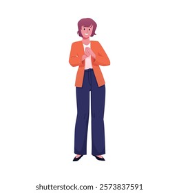 Applauding woman, showing appreciation at event vector flat illustration. Cartoon happy female character clapping hands. Congratulation and encouragement arm gesture. Bravo ovation body language