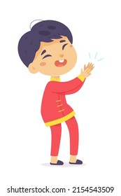 Applause action of cute little asian kid vector illustration. Cartoon happy boy clapping, smiling child applauding to show admiration, enthusiasm and support