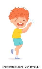 Applause action of cute little red haired kid vector illustration. Cartoon happy boy clapping, smiling child applauding to show admiration, enthusiasm and support,