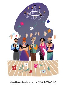 Applause for actors flat vector illustration. Grateful audience throwing flowers on stage. Happy theater goers waving hands to actors cartoon characters. Successful performance concept