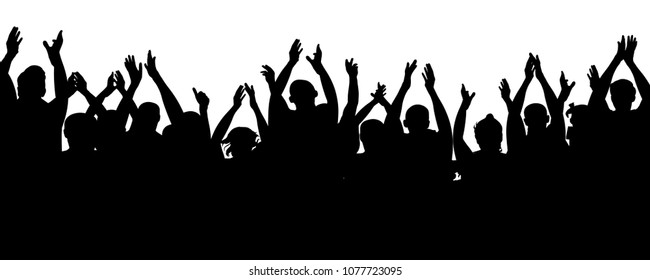 Applause audience. Crowd people cheering, cheer hands up. Cheerful mob fans applauding, clapping. Vector silhouette concert