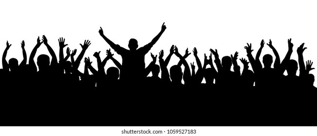 Applause Cheerful Crowd People Silhouette. Concert, Party. Funny Cheering, Sports Fans, Isolated Vector