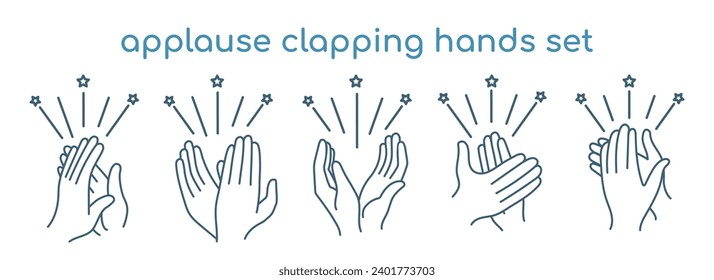 Applause clapping hands icons. Human hand claps line pictograms, crowd applaud congratulate business success cheering gesture isolated vector illustration