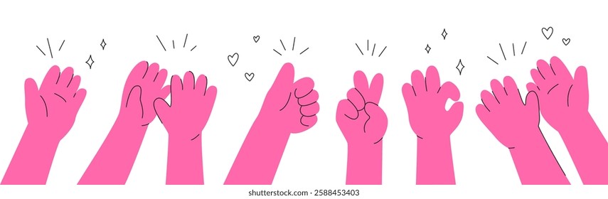 Applause. Colorful doodle hands clapping and showing thumbs up, appreciation and approval. Voting, respect, celebration or happy congratulation. Hands up gestures comic icons. Hand drawn vector