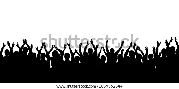 拍手が人々のシルエットを取り囲む 陽気な群衆が歓声を上げる 手を上げる のベクター画像素材 ロイヤリティフリー