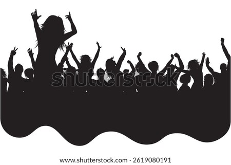Applause Crowd Silhouette, Cheerful People. Concert, Party. Funny Cheering, Isolated Vector. Girl on the Shoulders of a Man, Silhouette Background